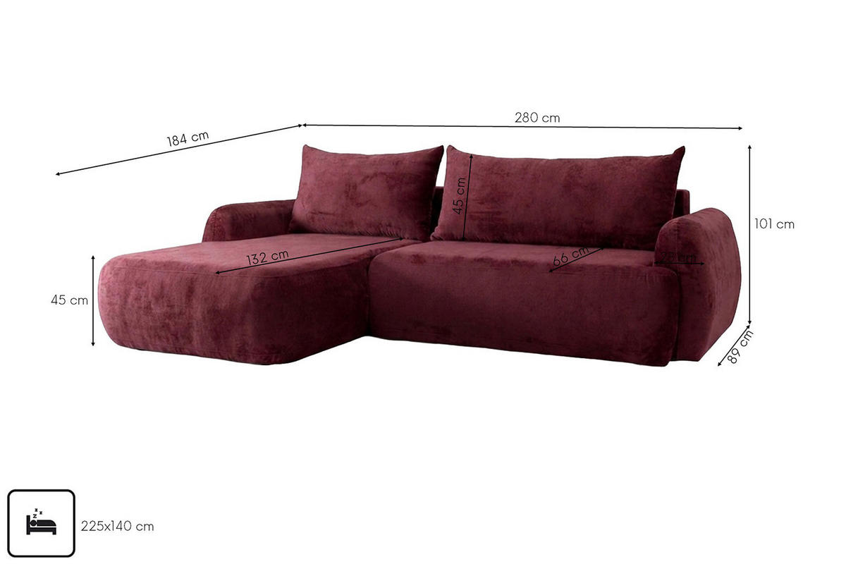 ECKSOFA Mit Schlaffunktion Und Bettkasten, Chenille-Stoff Perfecto, Rotwein, Links, HELA II - Weinrot, Holz (280/184cm) - Kaiser Möbel