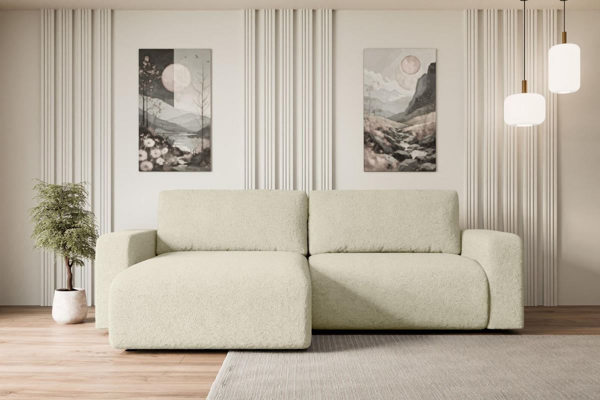 ECKSOFA mit Schlaffunktion und Bettkasten KLEEA-L - 247x143x83 cm Beige Bouclé - Beige/Schwarz, Holzwerkstoff/Kunststoff (247/143cm) - ALTDECOR