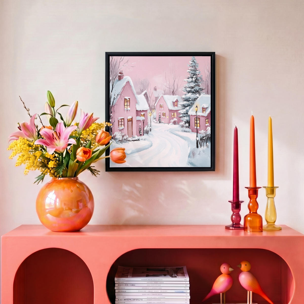 LEINWAND Bilder mit Rahmen - Weihnachtsdorf - Rosa - Winter - Schnee - Häuser - 20x20 - Altrosa, Textil (20/20cm) - MuchoWow
