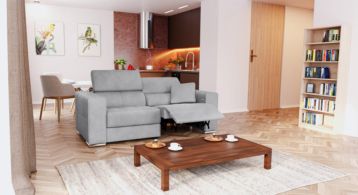 SOFA QUARTZ 3-Sitzer mit 1 Relaxfunktion, grau - Silberfarben/Grau, Holzwerkstoff/Textil (204/80/102cm) - Courtois Laville