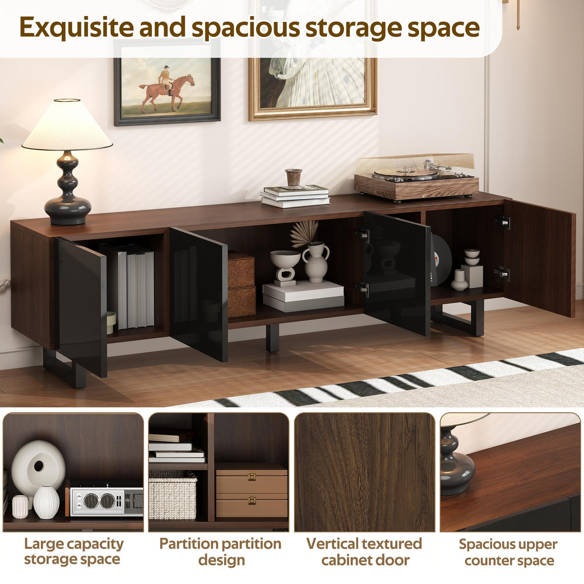 TV-SCHRANK Schwarz/Natur 180/38/50 cm Vier Türen Grifflos Hochglanz - Schwarz, Karton (38/50/180cm) - PANGIVO