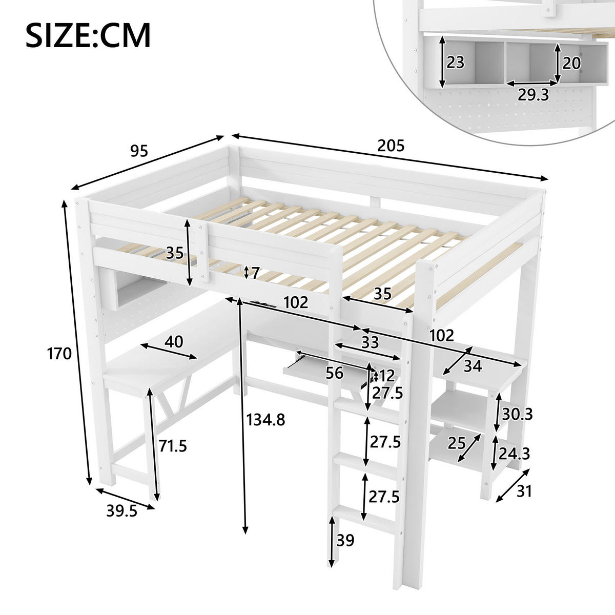 HOCHBETT 90/200 cm aus Kiefer und MDF mit Schreibtisch, LED-Beleuchtung und Ladestation Weiß - Weiß, Holzwerkstoff (90/200cm) - Modenvie