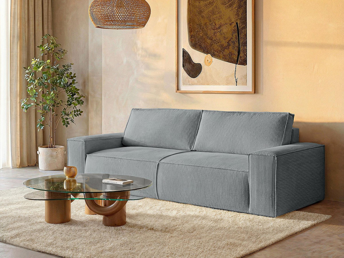 SCHLAFSOFA - 4 Personen-Sitzer - Samt, Stoff - Hellgrau - - Hellgrau, Textil (257/85/102cm) - Vente-Unique