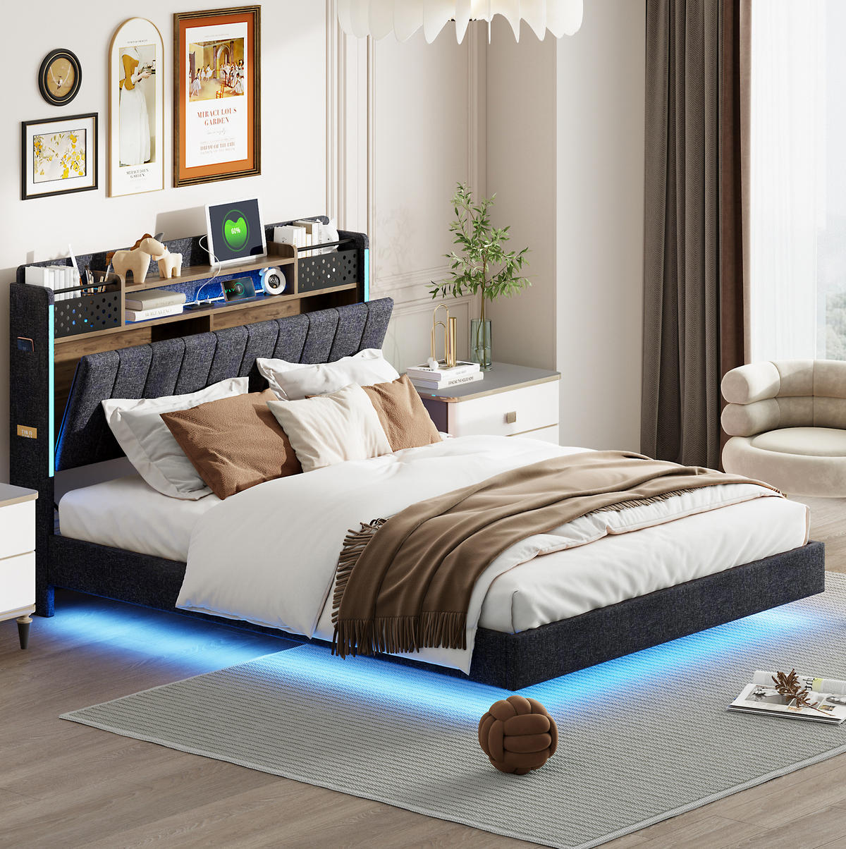 POLSTERBETT 140/200 cm mit LED-Beleuchtung und USB, gepolstertem Kopfteil - Grau, Textil (140/200cm) - BEAOK
