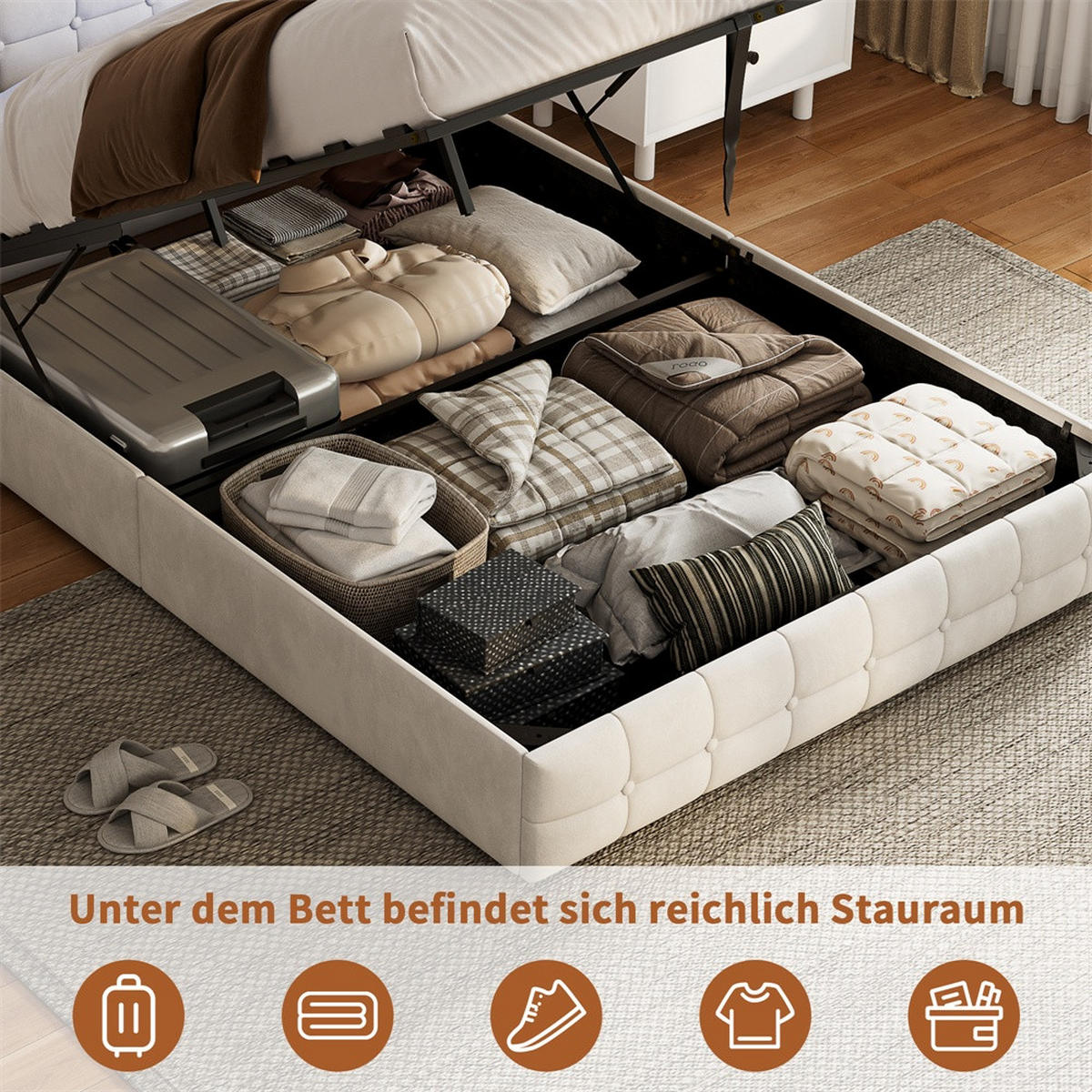 POLSTERBETT 140x200 cm - mit LED-Beleuchtung, 2 Nachttisch-Schubladen und hydraulischem Bettkasten - Beige - Beige, Textil (140/200cm) - DELFA