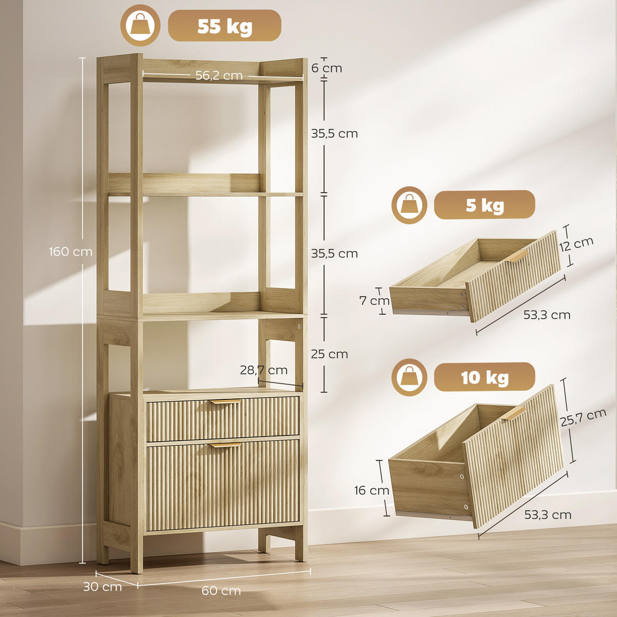 REGAL DE-15559 60/30/160 cm, 4 offene Fächer Naturholz - Naturfarben, Holzwerkstoff (60/160/30cm) - ComfortXL