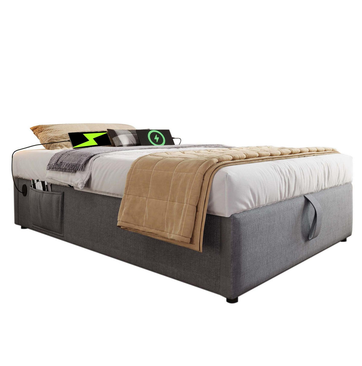 POLSTERBETT 90/190 cm mit Bettkasten, USB-C und Stauraum, ohne Kopfteil - Grau, Textil (90/190cm) - BEAOK
