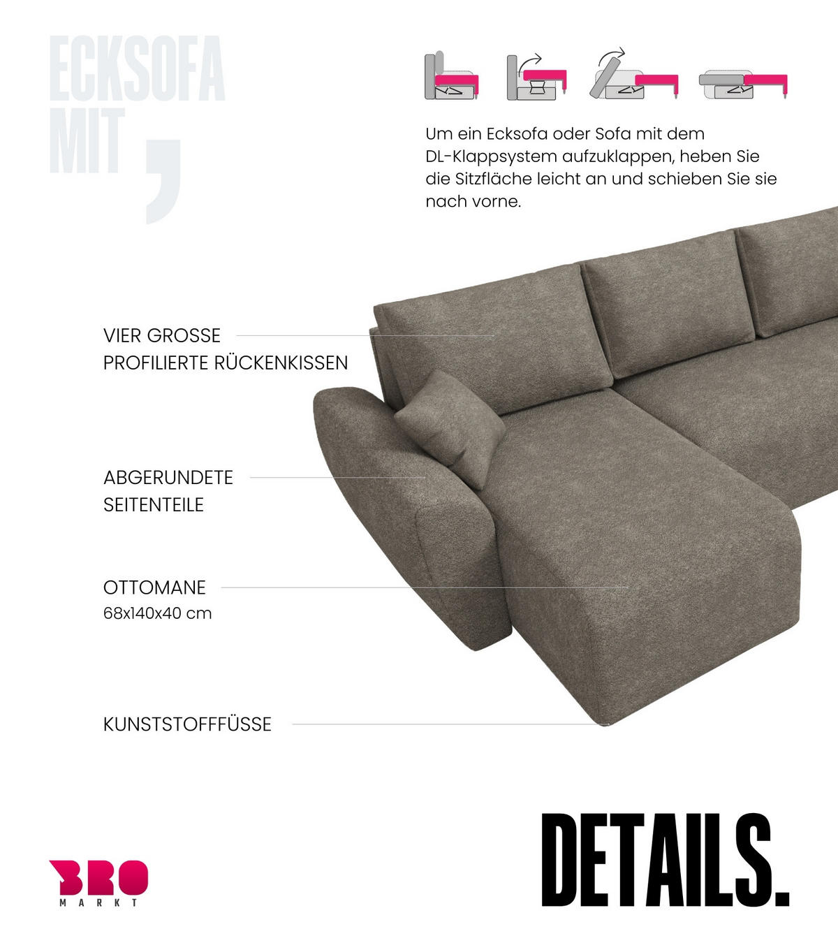WOHLANDSCHAFT Rotterdam U mit Schlaffunktion Braun Bouclé - Braun, Textil (310/80/141cm) - Bromarkt