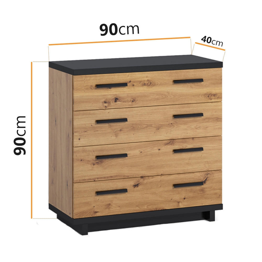 KOMMODE Zonda 90/90/40 mit vier Schubladen - Schwarz/Eiche Artisan, Holzwerkstoff/Kunststoff (90/90/40cm) - Ravio