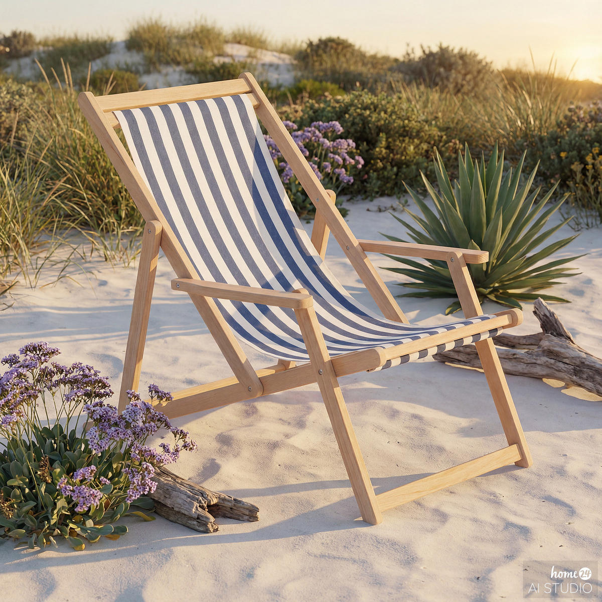 LIEGESTUHL - Akazie massiv / Webstoff - Blau, Holz/Textil (63/88/102cm) - home24