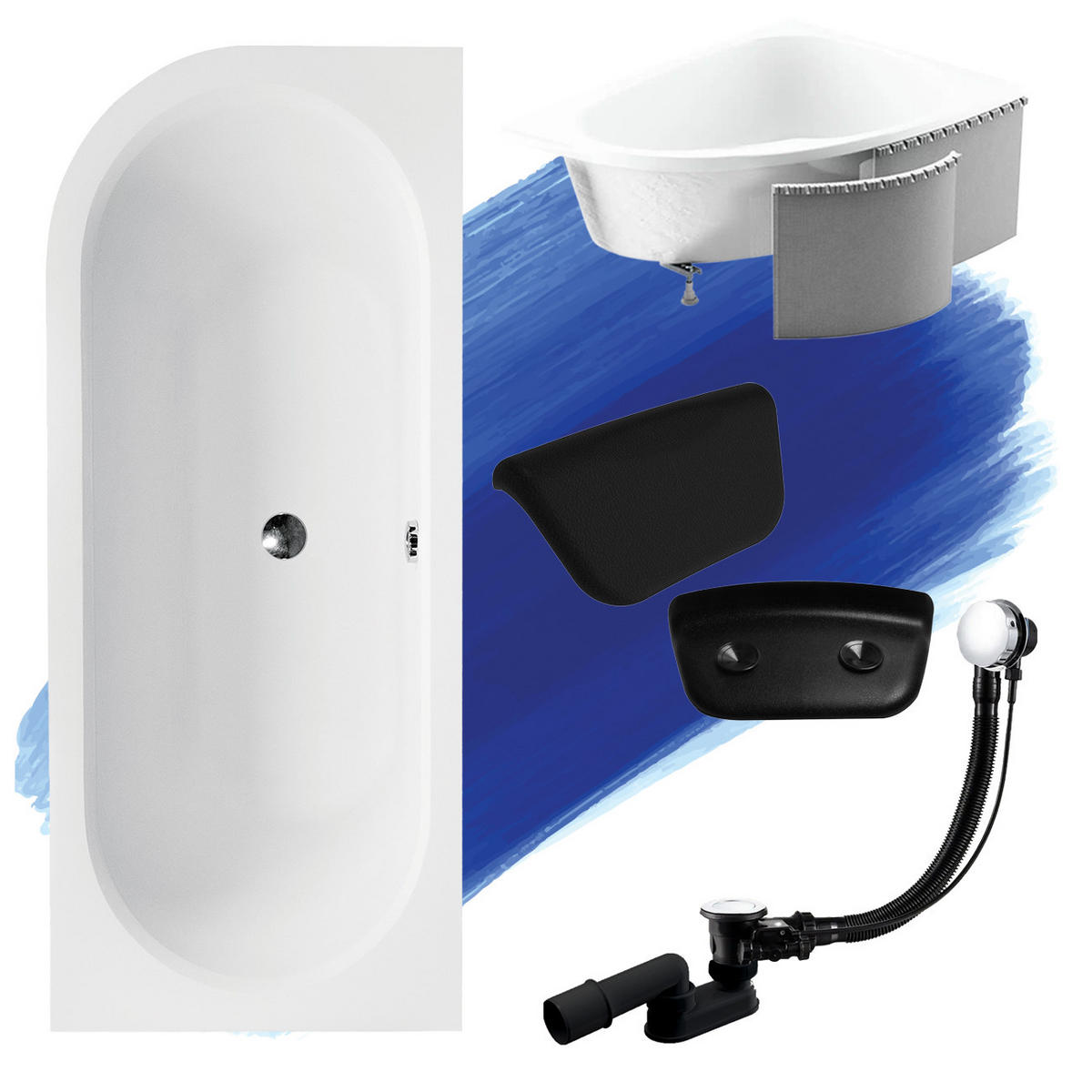 BADEWANNE Eckwanne AVITA 160/75 Rechts + Styro + Kopfstütze Ablauf Füße - Weiß, Kunststoff (75/55.5/160cm) - bad land