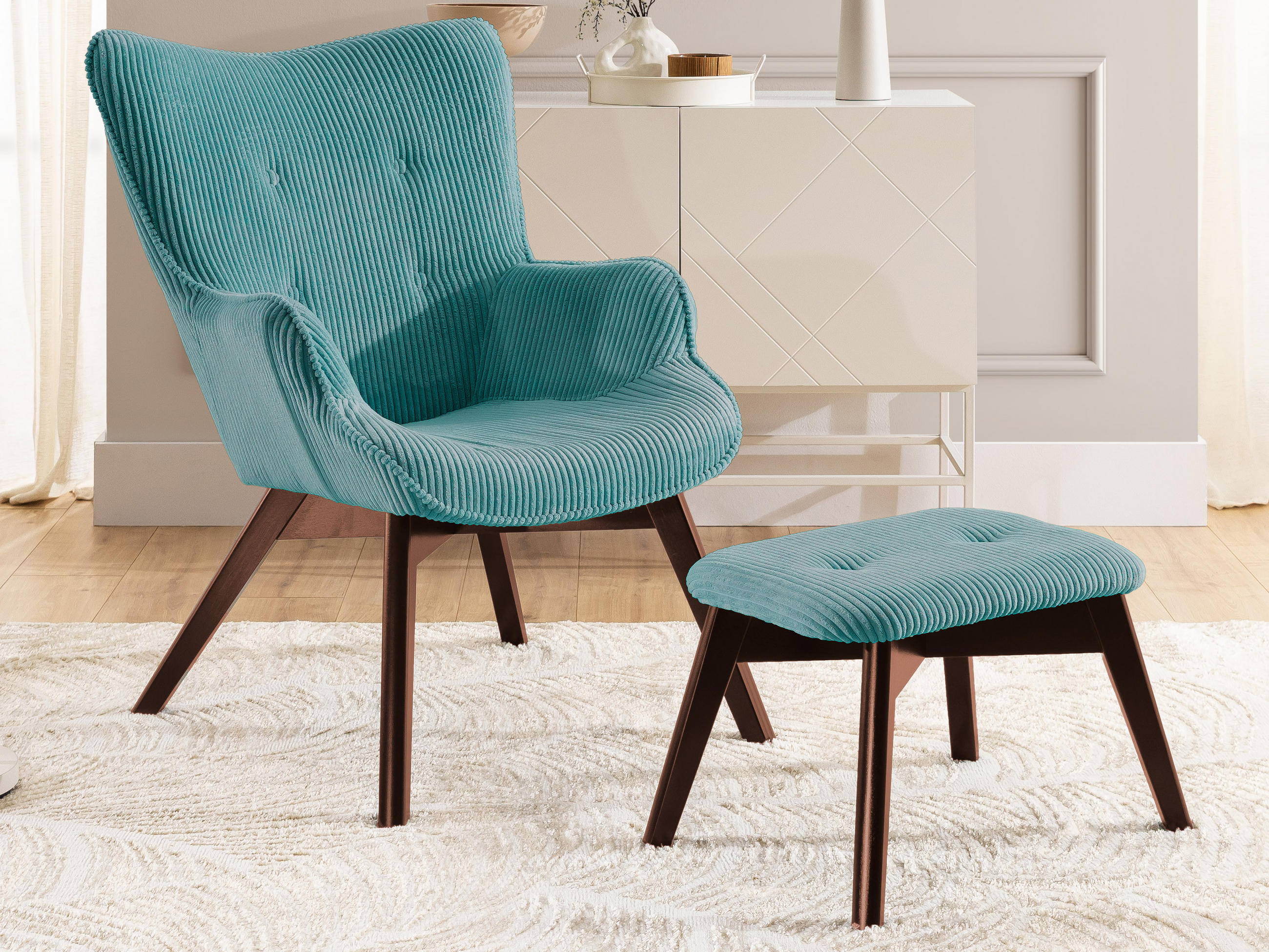 LOUNGESESSEL mit Fußhocker Lenari Türkis Cordstoff mit Füßen in Braun - Türkis/Braun, Holz/Textil (71/96/86cm) - S-Style Möbel