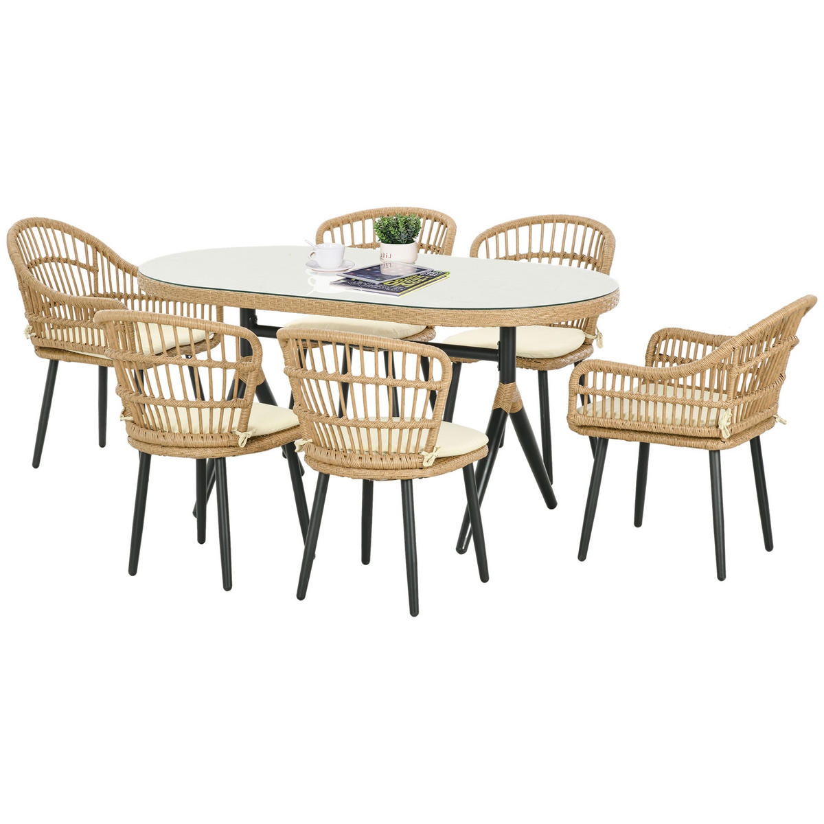 GARTENESSGRUPPE DE-13594 mit 6 Stühlen & Glastisch, PE-Rattan Natur - Naturfarben, Metall - ComfortXL