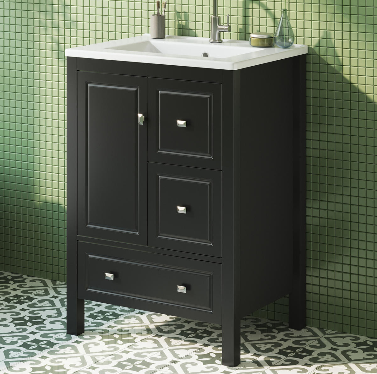 WASCHTISCH aus MDF und Keramik 62x47x90 cm Schwarz mit Stauraum und Soft-Close - Schwarz, Keramik (62/90/47cm) - Modfu