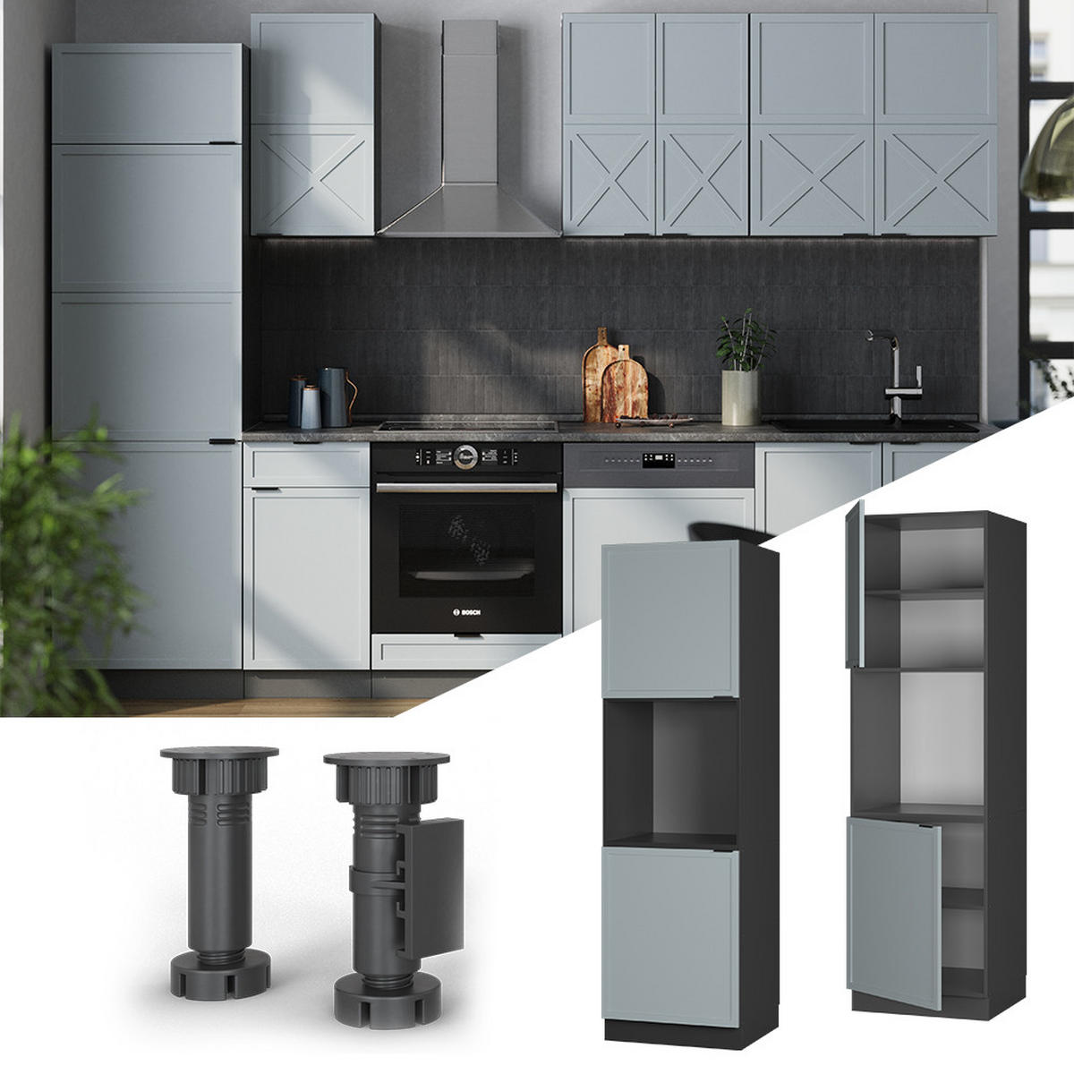 HERDUMBAUSCHRANK Fame-Line Hellblau-grau 60 cm offen - Anthrazit/Blaugrau, Holzwerkstoff (60/206.8/58cm) - Vicco