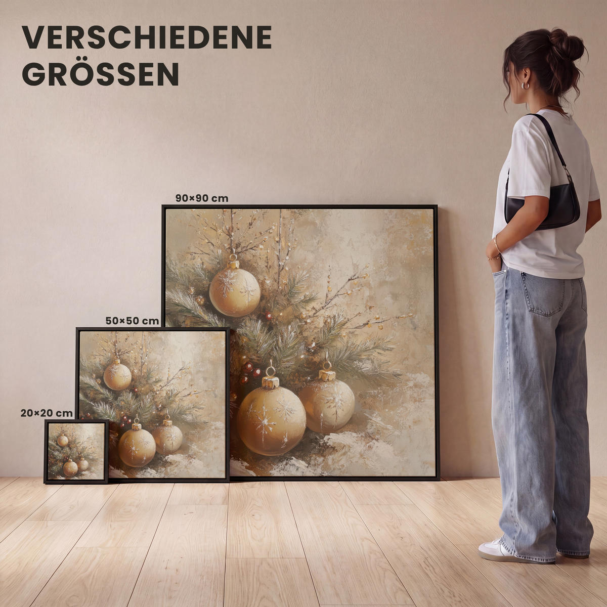 LEINWAND Bilder mit Rahmen - Weihnachten - Kugeln - Beige - Gold - 20x20 - Goldfarben, Textil (20/20cm) - MuchoWow