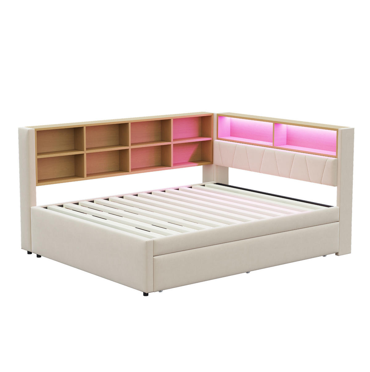 BETT 140/200 cm mit Ausziehbett 90/190 cm, Stauraum und LED - Beige, Textil (140/200cm) - BEAOK