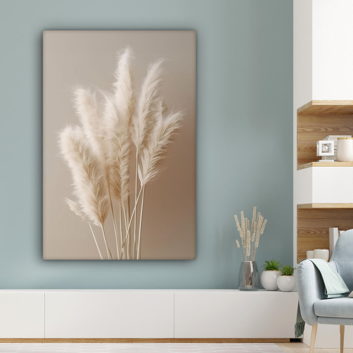 LEINWANDBILD Pampasgras - Federn - Pastell - Weiß Deko Groß 90x140 cm - Naturfarben, Textil (90/140cm) - MuchoWow