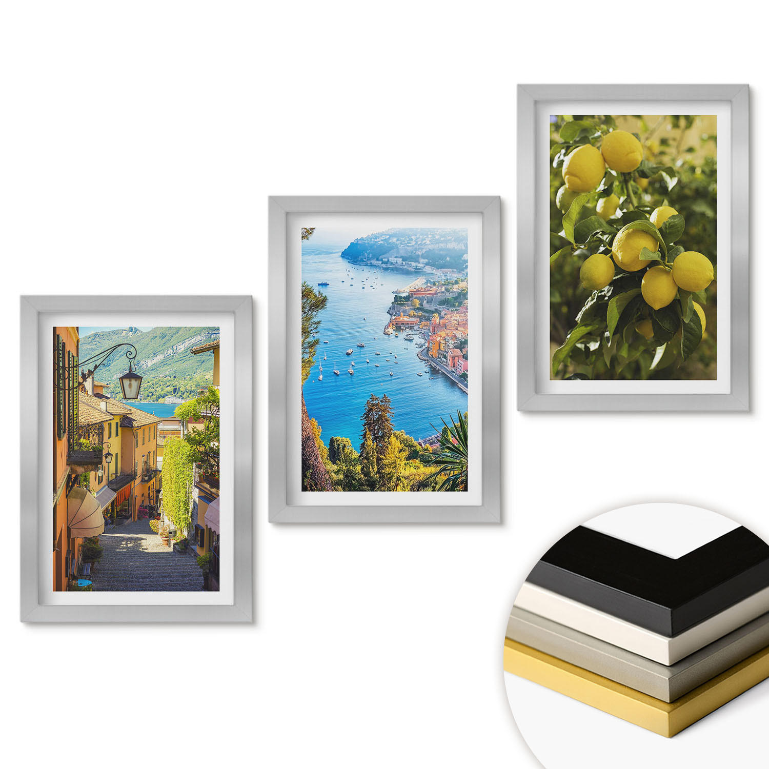 WANDBILDER 3er Set - 20x30 cm Silberner Rahmen - Straßen am Meer, ein Meer aus Zitronen - Silberfarben, Kunststoff (20/30cm) - ArtPrintCave