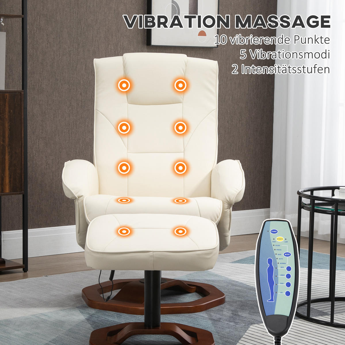 MASSAGESESSEL mit Hocker, Liegefunktion, Fernbedienung, bis 150 kg - Creme, Kunststoff/Metall (83/106/73cm) - HOMCOM