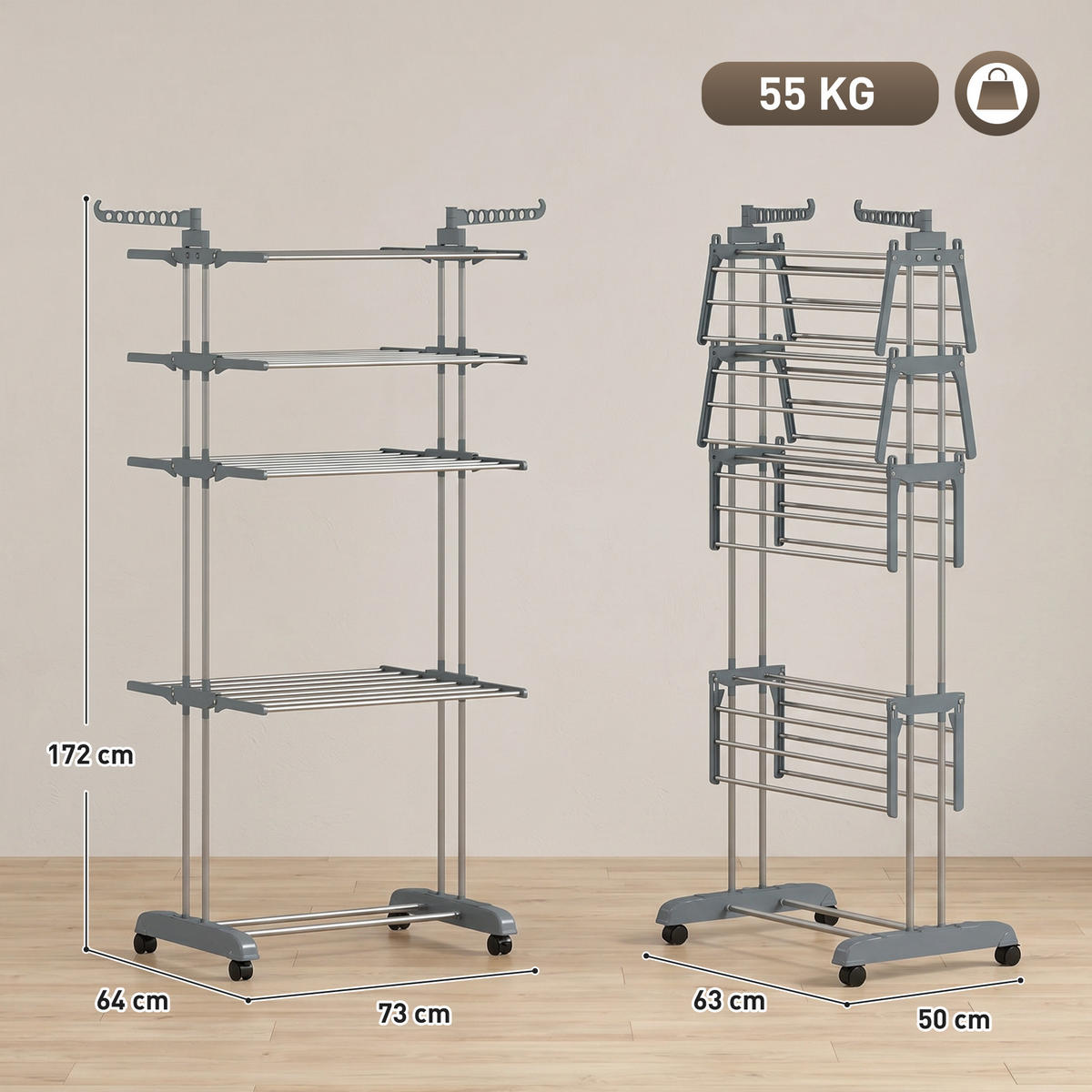 WÄSCHESTÄNDER Plastic, Stahl Grau - Grau, Kunststoff/Metall (64/172/73cm) - HOMCOM
