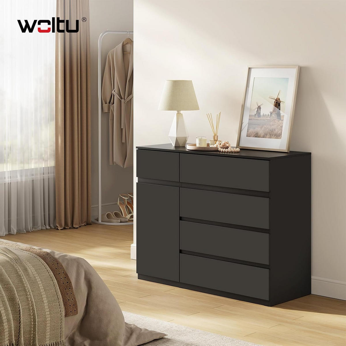 KOMMODE 5 Schubladen 100B x 40T x 80H cm Schwarz - Schwarz, Holzwerkstoff (100/80/40cm) - Woltu