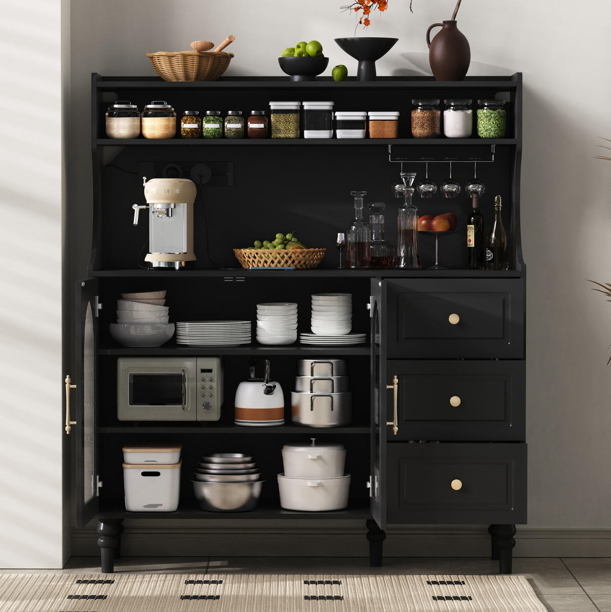 BUFFET 120x40x138.5 cm Schwarz mit Fluted Glas & Ladestation - Schwarz, Holzwerkstoff (120/138.5/40cm) - Modfu