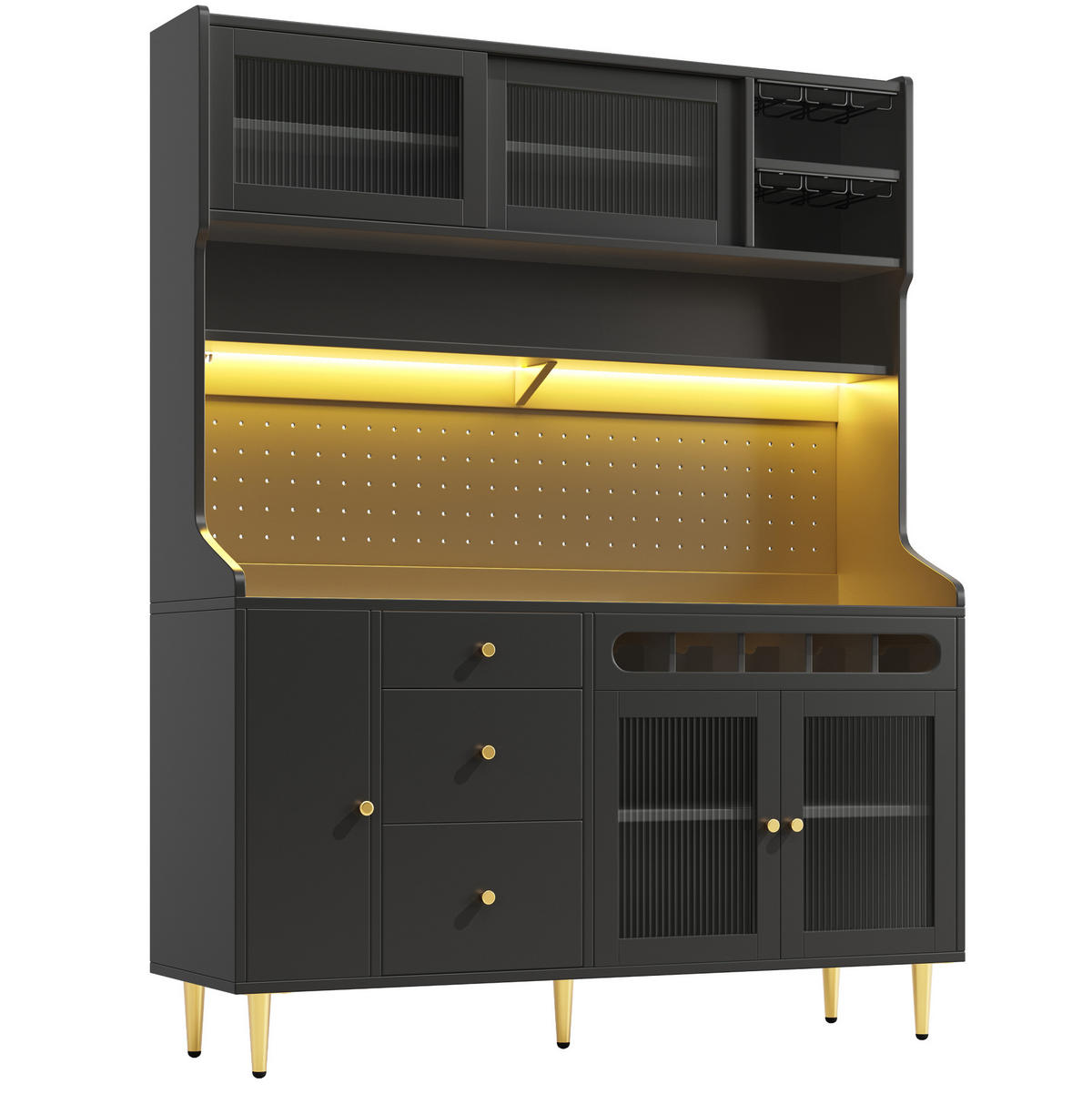 BUFFET 145/39/171 cm in Schwarz mit LED-Beleuchtung und Weinregal - Schwarz, Glas (145/171/39cm) - Flora Grace