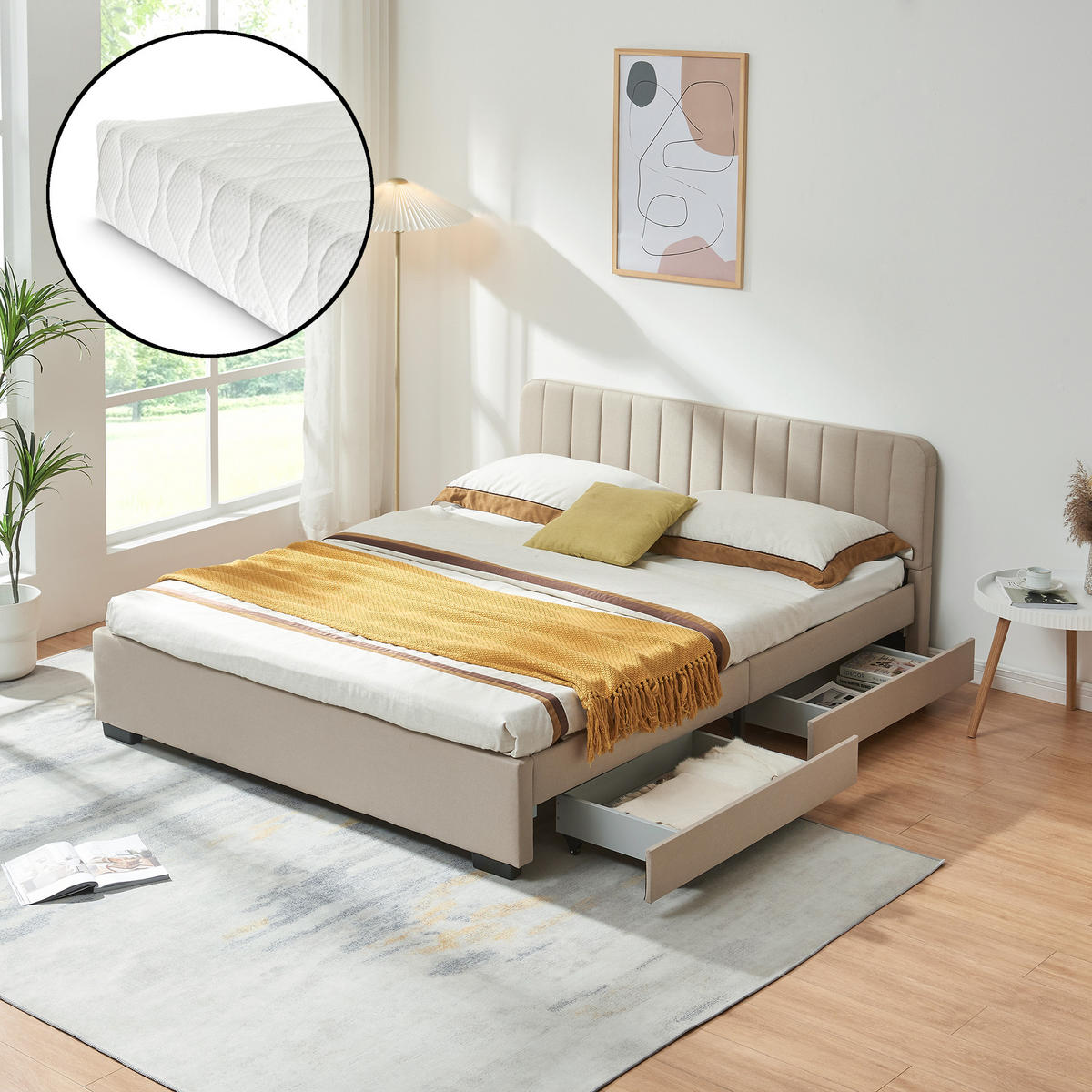 POLSTERBETT Nofrenna mit Matratze - Beige/Schwarz, Holzwerkstoff/Kunststoff (140/200cm) - [en.casa]