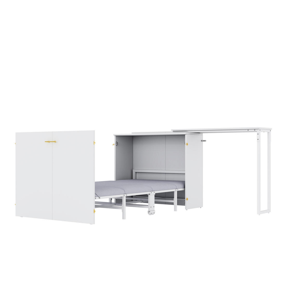KLAPPBETT 90/200 cm mit drehbarem Schreibtisch, Matratze und Rollen, platzsparend aus Metall, Weiß/Holzfarbe - Weiß, Metall (90/200cm) - Redom