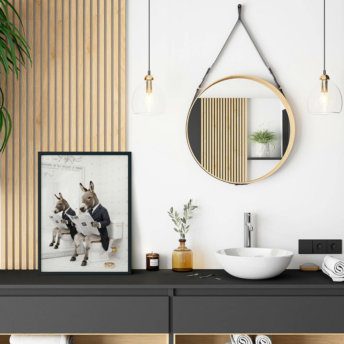 POSTER für Badezimmer WC ESEL im Anzug auf Toilette mit Zeitung Abstraktion 30x40cm - Beige/Schwarz, Papier (30/40/40cm) - Muralo