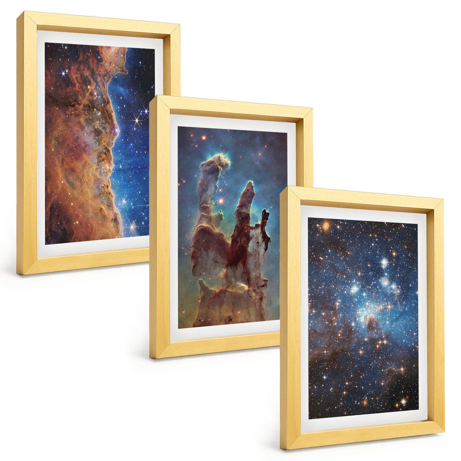 BILDER SET 3er Set - 20x30 cm Goldrahmen - Weltraumlandschaften von Galaxien - Goldfarben, Kunststoff (20/30cm) - TULUP