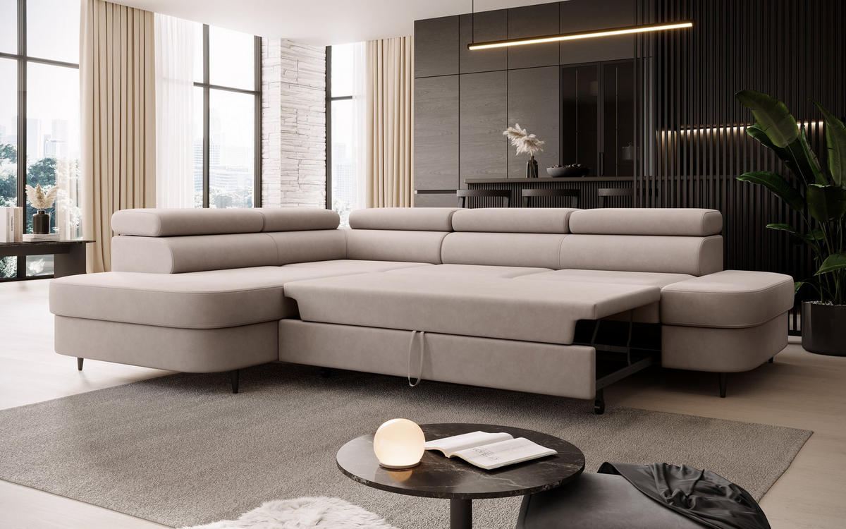 ECKSOFA Priam L-Form mit Schlaffunktion und Stauraum Modern Form Beige - Beige, Holz/Textil (275/203cm) - Muffo