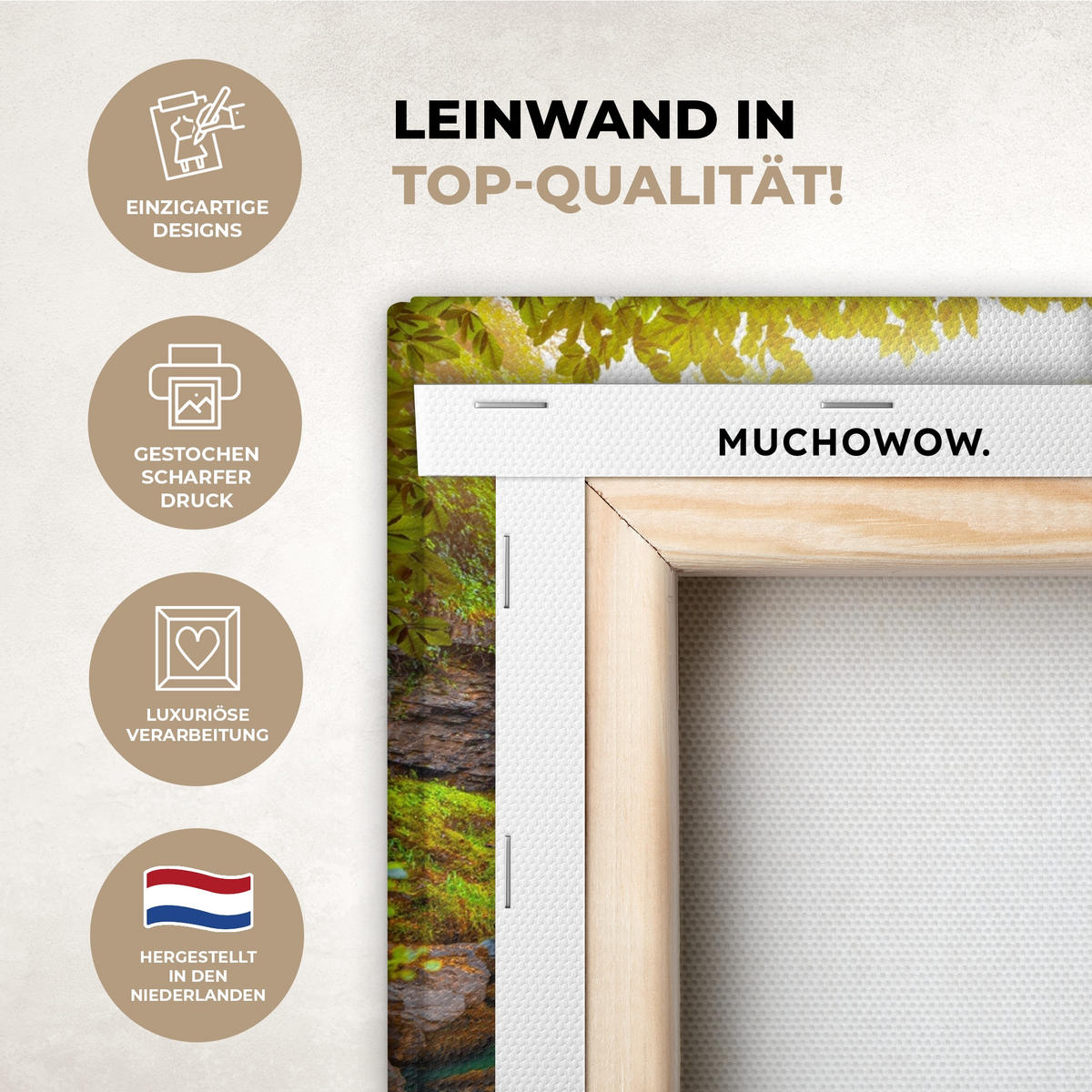 LEINWANDBILD Natur - Wasserfall - Pflanzen - Bäume - Sonne Deko Schlafzimmer 30x20 cm - Olivgrün, Textil (30/20cm) - MuchoWow