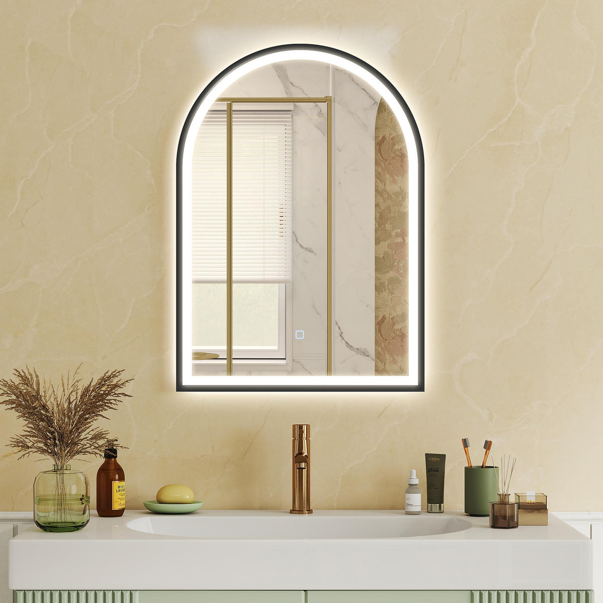 BADEZIMMERSPIEGEL DE-15196 gewölbt, 3 LED-Farben, dimmbar, Antibeschlag Schwarz - Schwarz, Glas (4/70/50cm) - ComfortXL