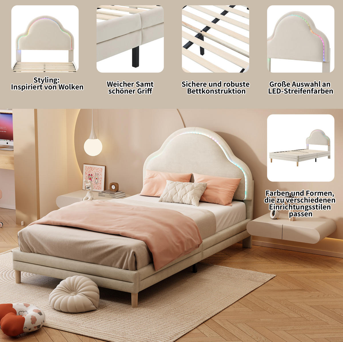 POLSTERBETT mit LED-Beleuchtung 90/200 cm in Beige mit wolkenförmigem Kopfteil - Beige, Textil (90/200cm) - BEAOK