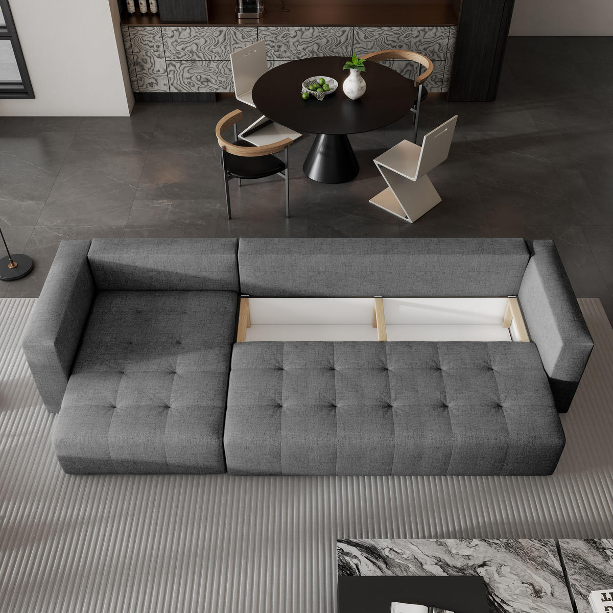 ECKSOFA OLVERA Grau Geflochtener Stoff mit Schlaffunktion - Grau, Holz (347/148cm) - MASSENO