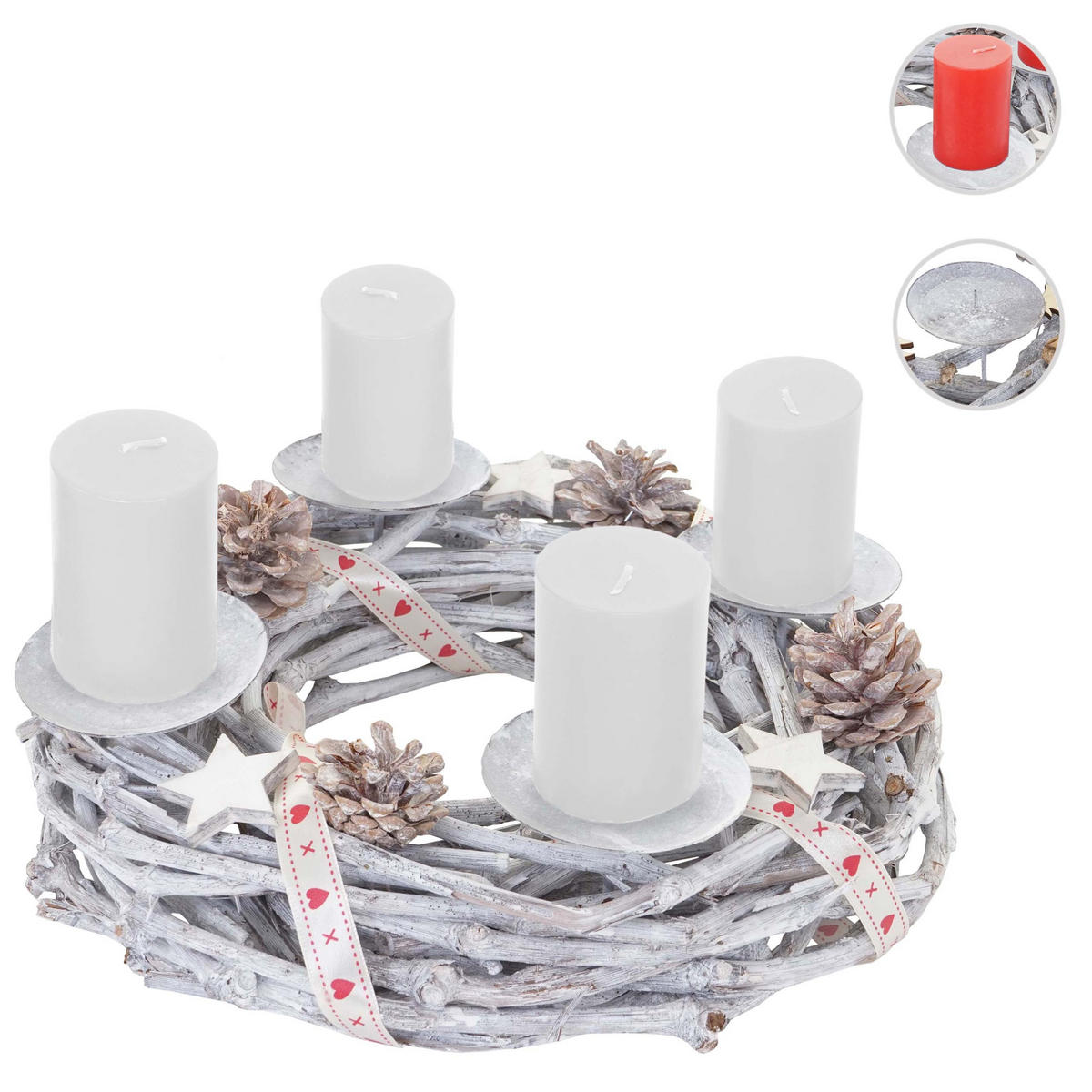 ADVENTSKRANZ HOLZ Ø 30CM MIT KERZEN WEIß Weiß - Weiß, Holz (30/8cm) - MCW