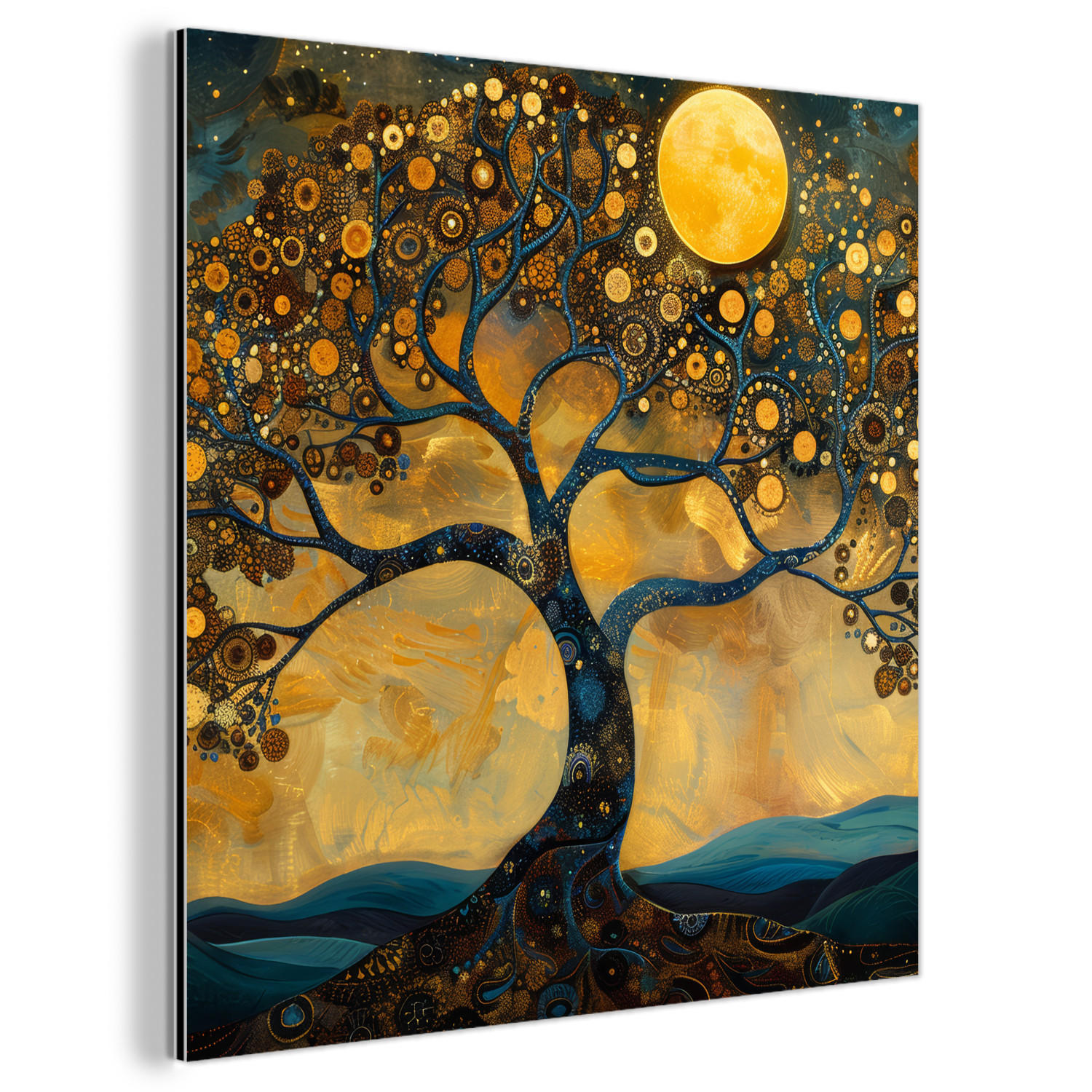 METALLBILD Baum - Mond - Blumen - Gold - Kunst 90x90 cm - Orange, Metall (90/90cm) - MuchoWow