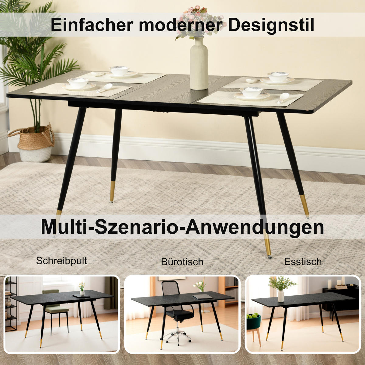 ESSTISCH Schwarz Marmormuster rechteckig ausziehbar 120-160/80/75cm - Goldfarben/Schwarz, Holz/Metall (80/120/75cm) - Urban Meuble