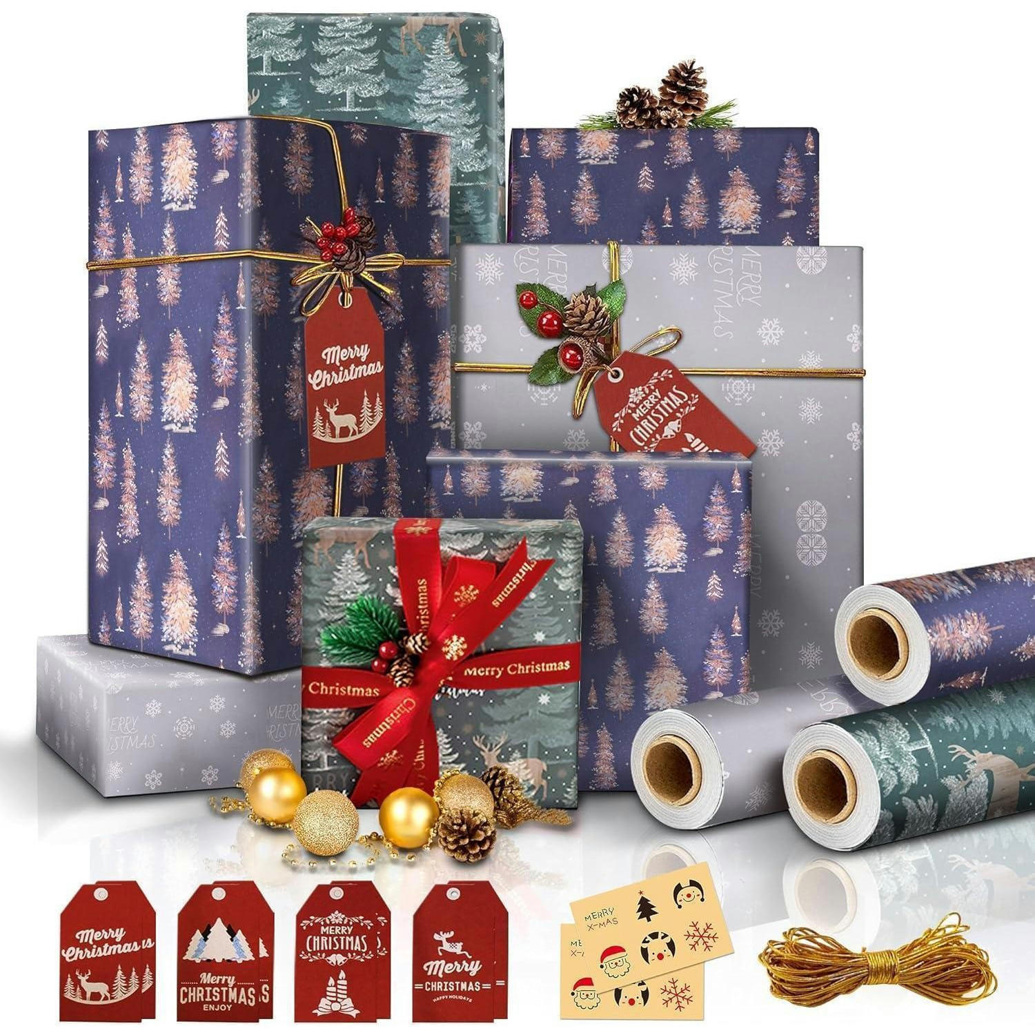 GESCHENKPAPIER Set 3 Rollen mit Anhängern und Aufklebern - Multicolor, Papier (44/1/500cm)