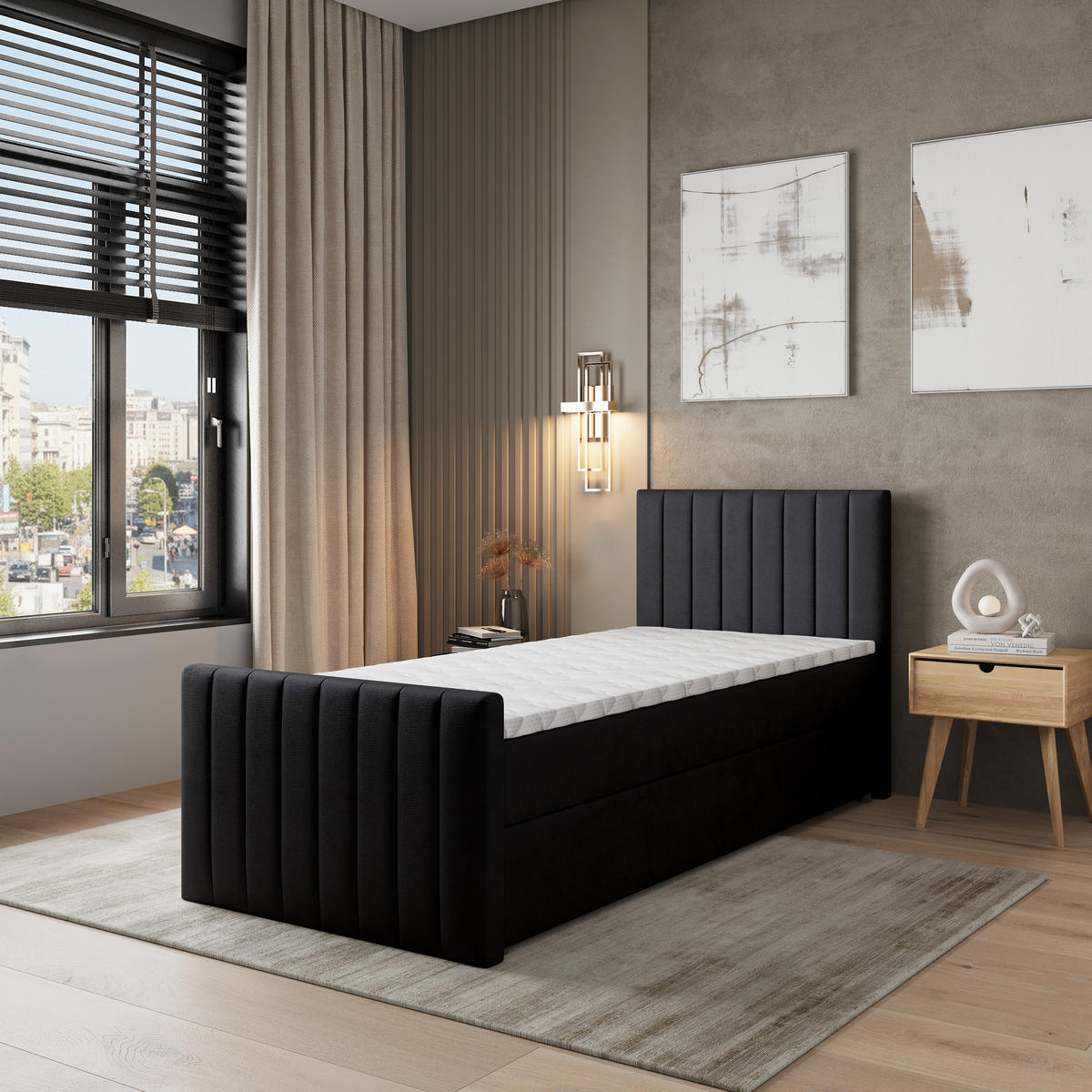 BOXBETT ARION 80 80x200 cm mit Matratze und Topper, H2+H3 - Schwarz - Schwarz, Holz (80/200cm) - MASSENO