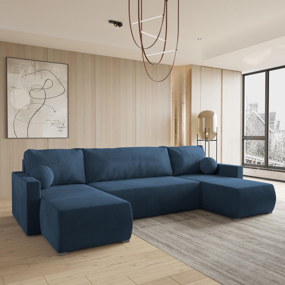 WOHNLANDSCHAFT TESSUN Blau Plüsch-Stoff mit Schlaffunktion - Blau, Holz (286/85/143cm) - MASSENO