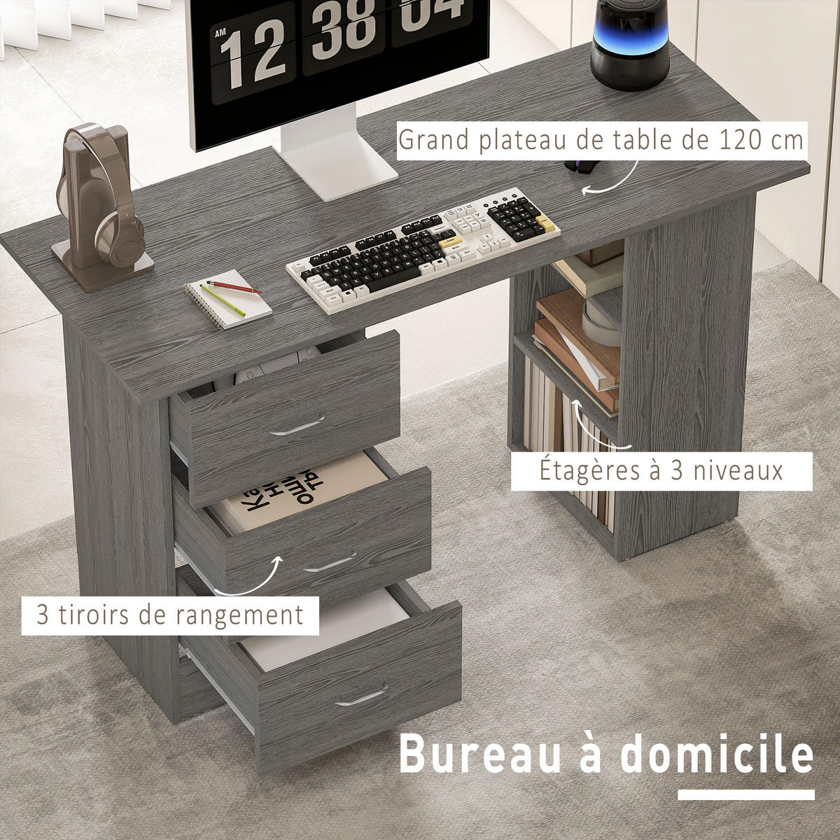 SCHREIBTISCH Grau mit 3 Schubladen und 3 Regalfächern 120/49/72 cm - Grau, Holzwerkstoff (49/120/72cm) - PANGIVO
