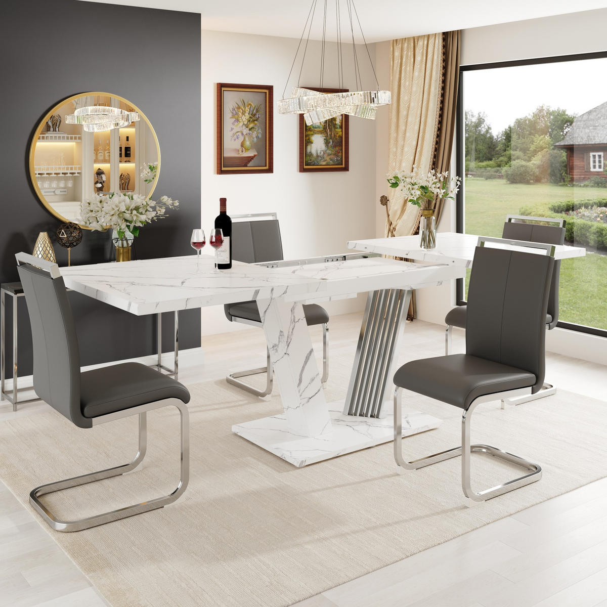 ESSTISCH 120/160/80/76 cm in Weiß mit Marmoroptik und Ausziehfunktion - Weiß, Holzwerkstoff (120/80/76cm) - Flora Grace