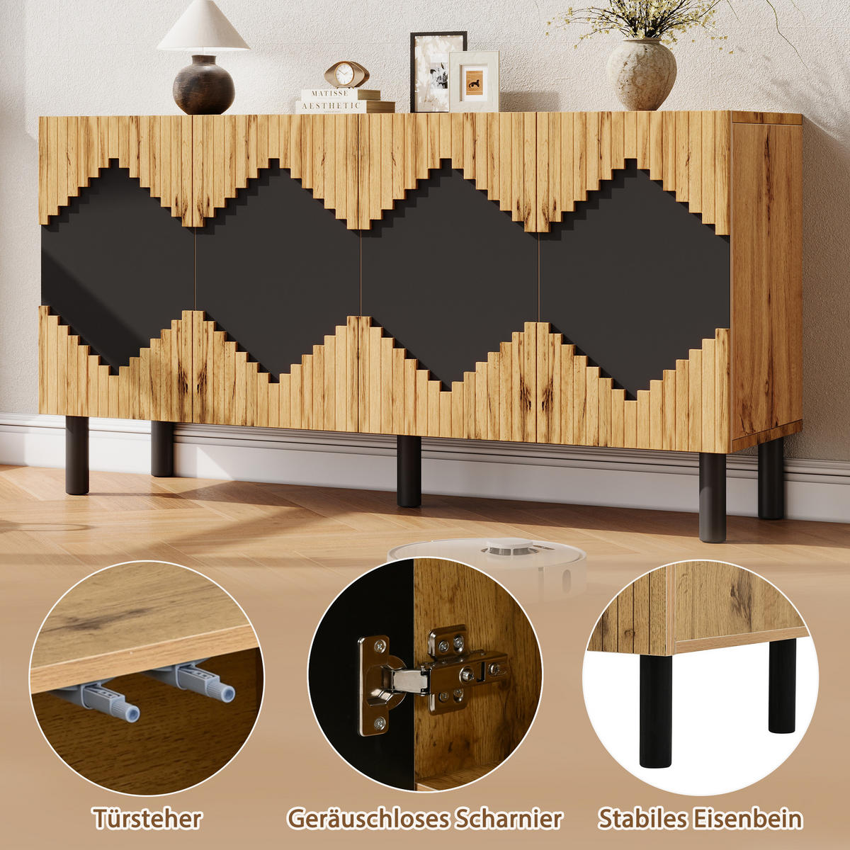 KUCHYŇSKÁ SKŘÍŇ v přírodní a černé barvě se 2 dvířky do obývacího pokoje a jídelny, 140×40×70 cm - přírodní/černá, kov/kompozitní dřevo (140/70/40cm) - STILVORA