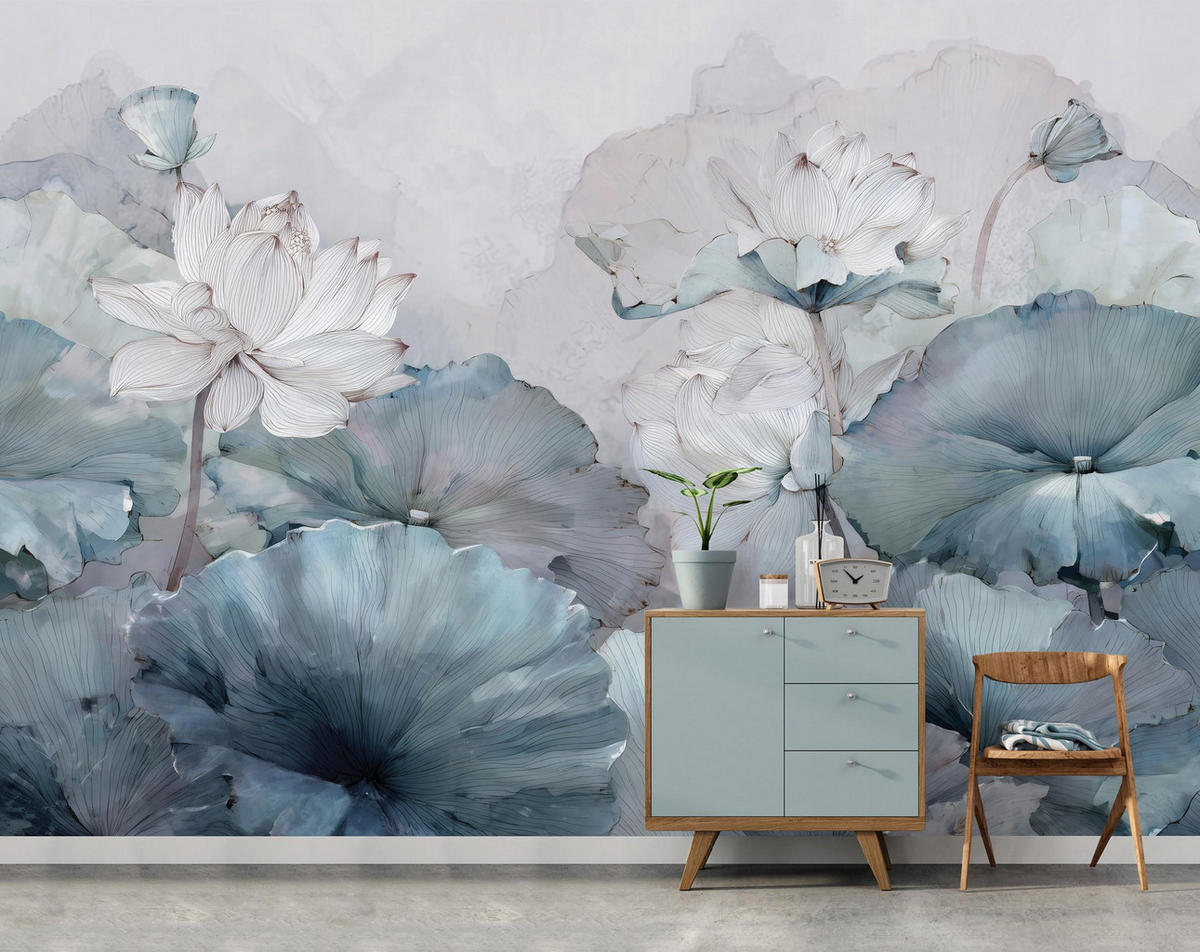 FOTOTAPETE Blumen Beton Blau 150x105 cm - Multicolor, Papier (150/105cm) - Wallarena