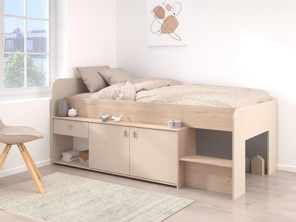HALBHOCHBETT - 1 Person - holz - beige Lunobi - Beige, Holz (90/200cm) - Vente-Unique