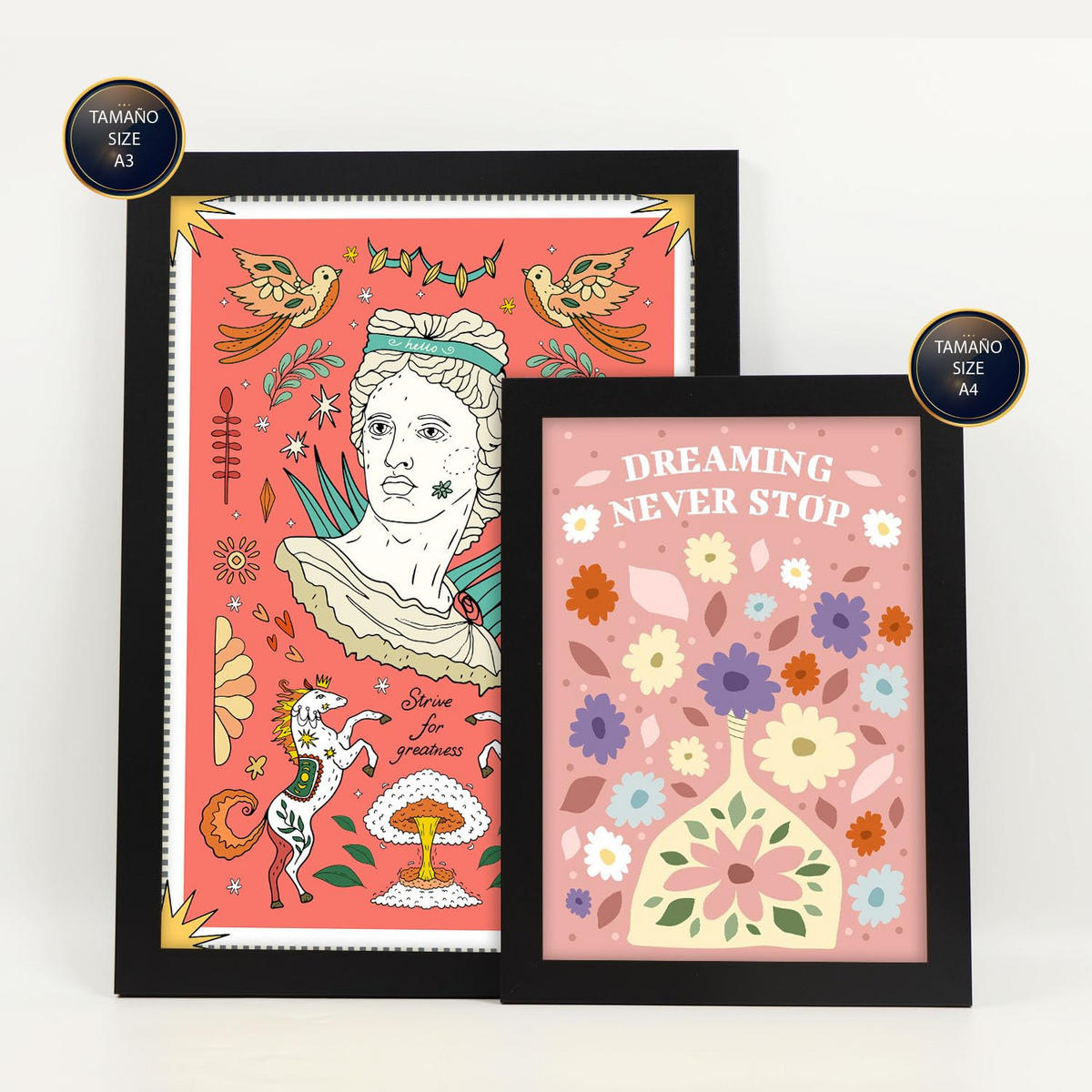 POSTER Set Mit 6 Drucken Von Pink In Brilliant Groovy Style Postersammlung Dekorative Rahmen Für Ihr Zuhause Wandkunstdruck A3 & A4 Schwarzer Rahmen - Schwarz, Papier (29/3cm) - Nacnic