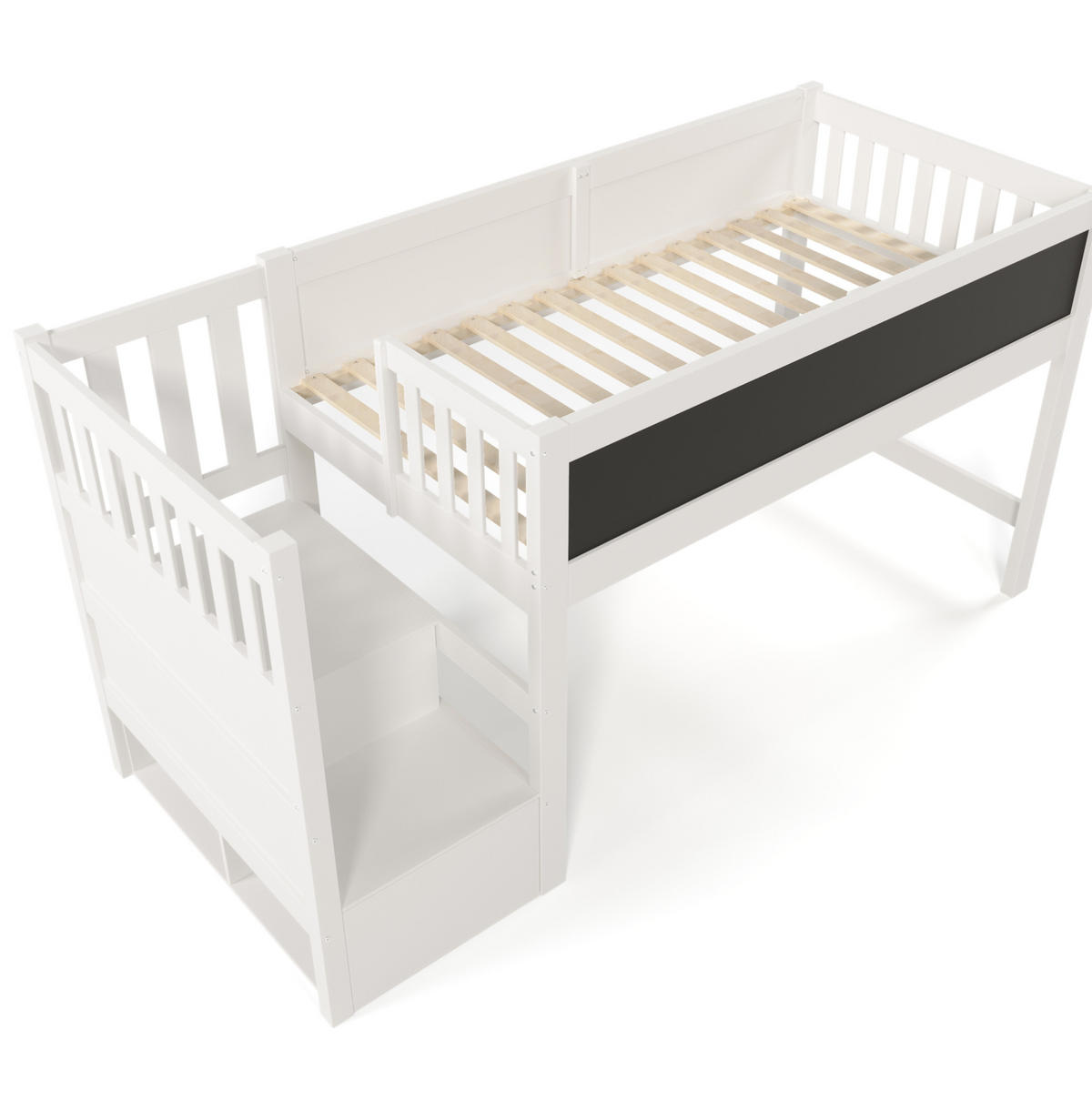 KINDEREINZELBETTEN aus Massivholz und MDF 90x200 cm in Weiß mit Treppe, Stauraum & Tafel - Weiß, Holzwerkstoff (90/200cm) - Modfu